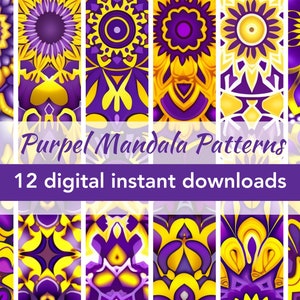 Purple & Yellow Floral Mandala Patterns | Printable 12" x 12" Prints | 12 Instant Downloads | Colorful Instant Tiles | JPG and PDF Files