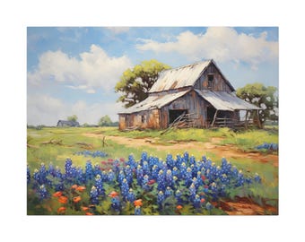 Rustic Barn Canvas Print: Nature-Inspired Orange Blue Flowers, Farmhouse Style (24x36, Handstretched, Wall Art)