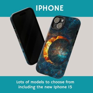 May include: A phone case with a blue, orange, and black mosaic design featuring a crescent moon. The case is designed for an iPhone.  The text "IPHONE" is displayed above the case.