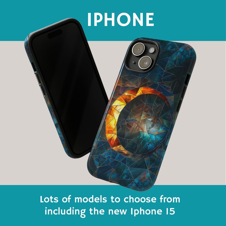 May include: A phone case with a blue, orange, and black mosaic design featuring a crescent moon. The case is designed for an iPhone.  The text "IPHONE" is displayed above the case.