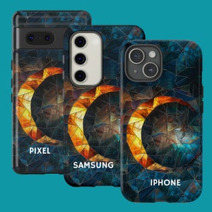 May include: Three different phone cases with a stained glass design featuring a crescent moon and a colorful abstract pattern. The cases are labeled "Pixel", "Samsung", and "iPhone".