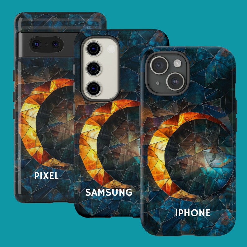 May include: Three different phone cases with a stained glass design featuring a crescent moon and a colorful abstract pattern. The cases are labeled "Pixel", "Samsung", and "iPhone".