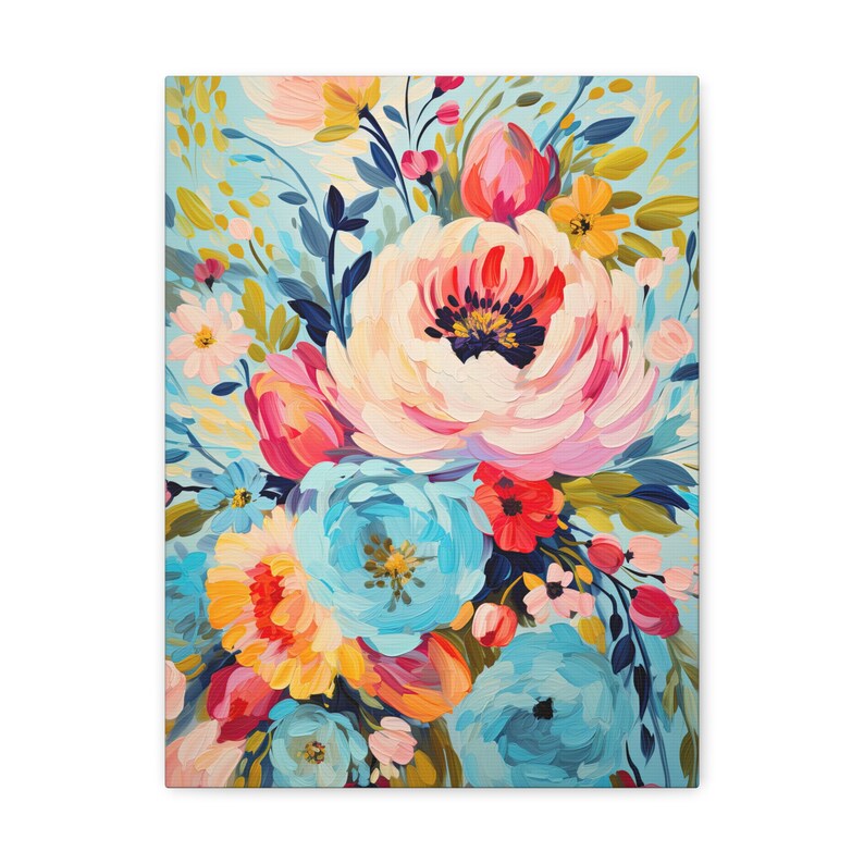 Printed Bright Blue & Pink Flowers Wall Art Canvas Gallery Wrap Stretched Canvas 1.25