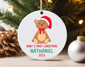 Personalized My First Christmas Ornament 2023 Santa Bear Round Custom Name