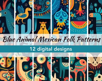 Mex Animal Patterns Collection: Lebendige Blaue Volkskunst - Digitales Papier, Scrapbook-Hintergründe, druckbare Muster für das Kunsthandwerk