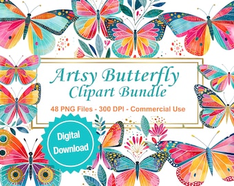 Aquarel vlinder clipart bundel, 48 png vlinders, kleurrijke botanische vlinders, afdrukbare png, 300 dpi, commercieel gebruik illustraties