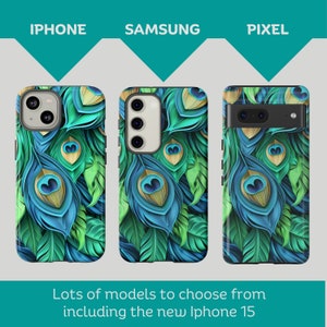 May include: Three phone cases with a peacock feather design. The cases are for iPhone, Samsung, and Pixel phones.