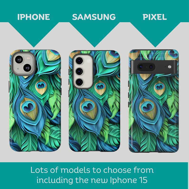 May include: Three phone cases with a peacock feather design. The cases are for iPhone, Samsung, and Pixel phones.