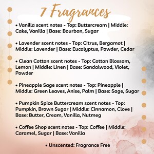 K&ouml;nnte beinhalten: Eine Grafik mit sieben Duftoptionen, darunter Vanille, Lavendel, Reine Baumwolle, Ananas-Salbei, K&uuml;rbis-Gew&uuml;rz-Buttercreme, Coffee Shop und Unparf&uuml;miert. Jeder Duft wird mit Kopf-, Herz- und Basisnoten beschrieben.