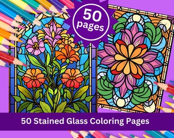 Stained Glass Flowers Coloring Book: Floral Art Therapy Collection, Digital Download (50 Pages, Printable PDF & JPG)