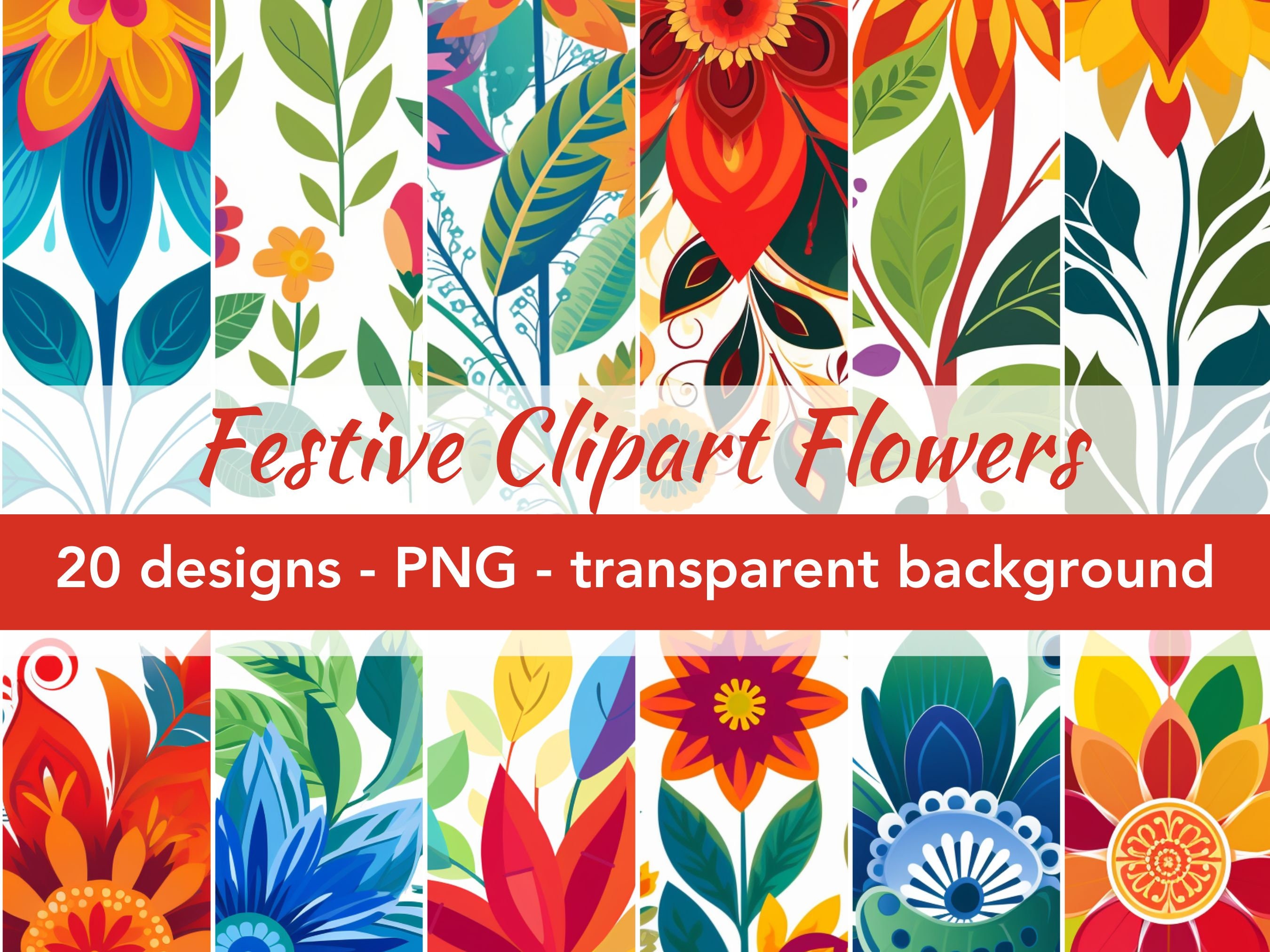 Clipart Colorful Flower Designs, 20 Digital Images of Flowers, Instant Download, PNG Files with Transparent Background