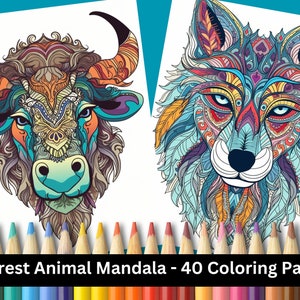 Forest mandala animal coloring pages | 40 digita pages for adults and teens | printable pdf & jpg | instant download