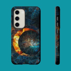 May include: A phone case with a mosaic design featuring a crescent moon in shades of orange, blue, and black.
