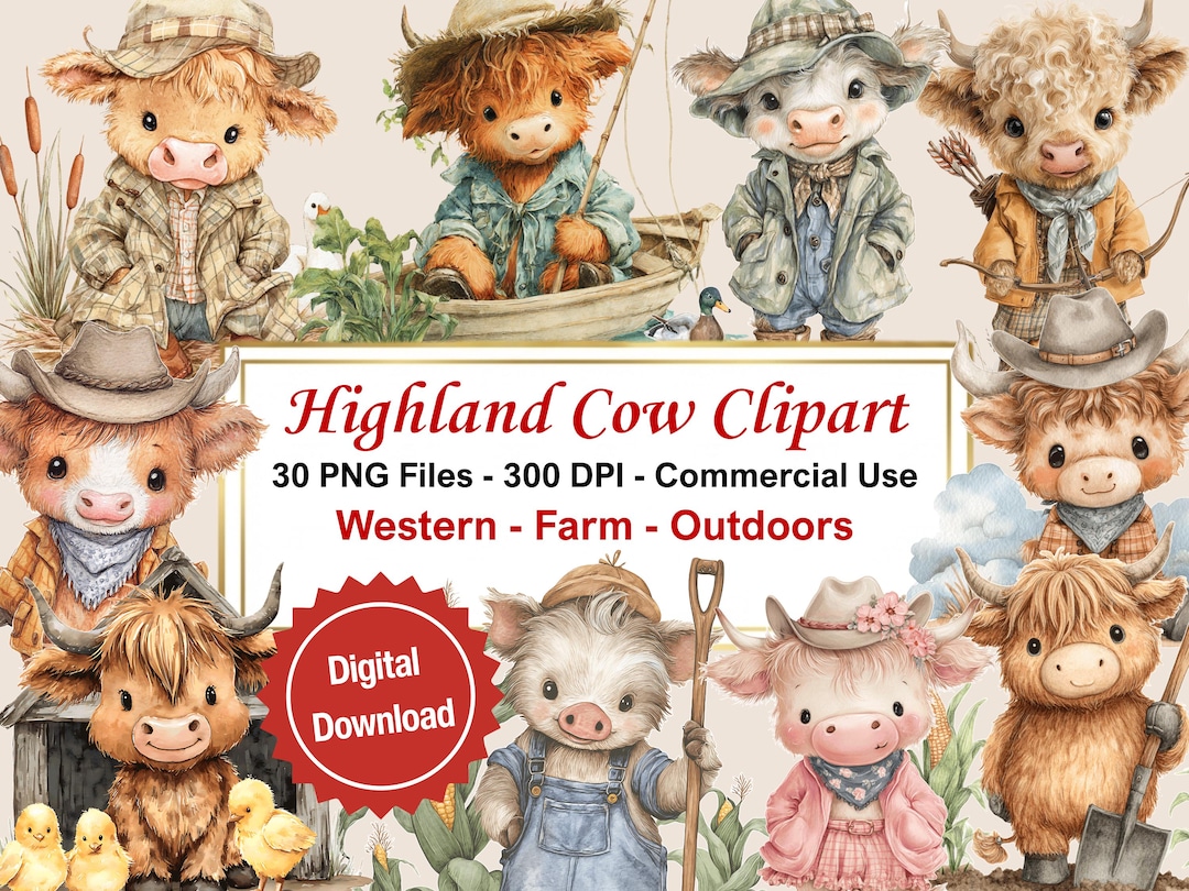 Highland Cow Baby Clipart Bundle, Cute Farm Animal Pngs, Western ...