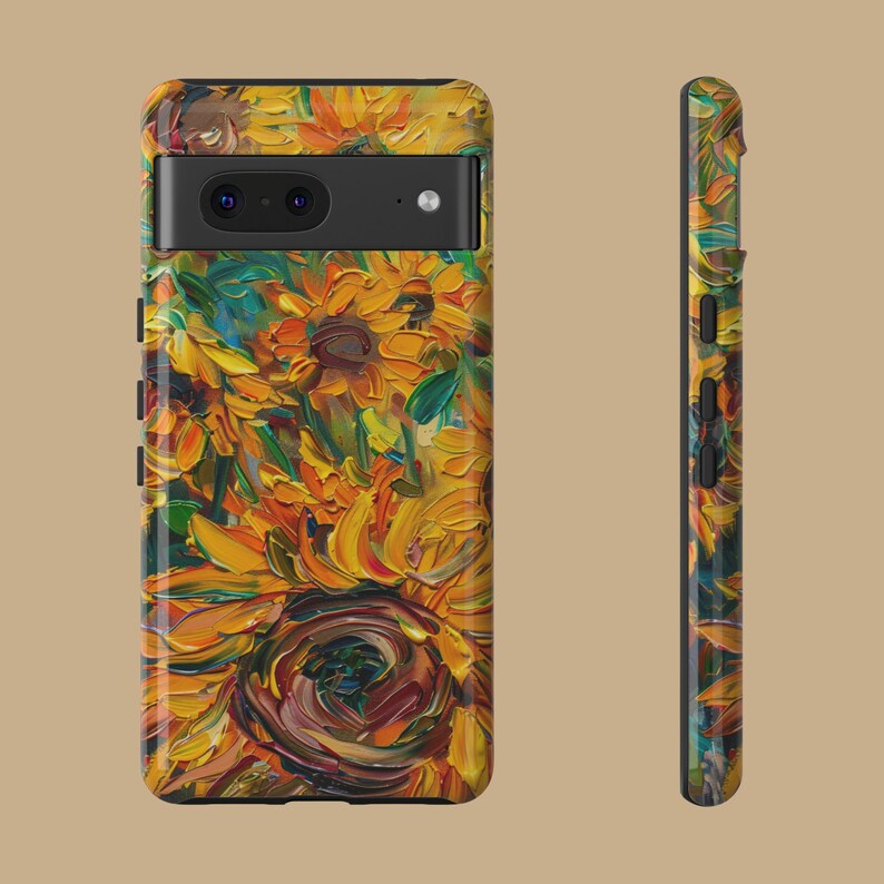 May include: A phone case featuring a colourful sunflower painting design. The case is black and has a cut-out for the camera lens.