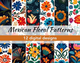 Mexikanische Blumenmuster - Bunt Scrapbook Papier Digitaler Download - 12 Druckbare Dateien, Folk Art Stil, 12x12 Größe