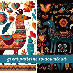 May include: Two colorful illustrations of stylized animals with geometric patterns. The left illustration features a deer with a white background and the right illustration features a llama with a black background. Both illustrations feature floral and geometric patterns.
