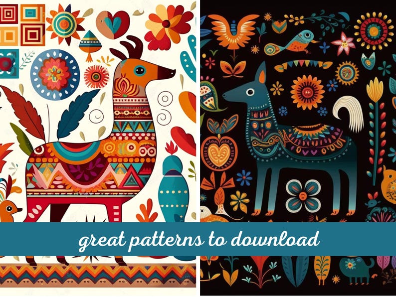 May include: Two colorful illustrations of stylized animals with geometric patterns. The left illustration features a deer with a white background and the right illustration features a llama with a black background. Both illustrations feature floral and geometric patterns.