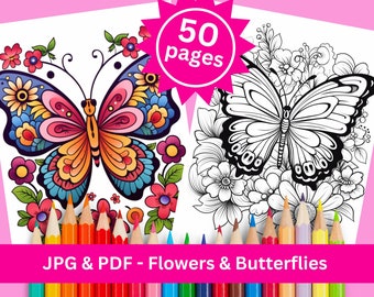 Kleurplaten Floral vlinders: ingewikkelde bloemmotieven - digitale download, afdrukbare pdf en jpg, ontspanningsactiviteit