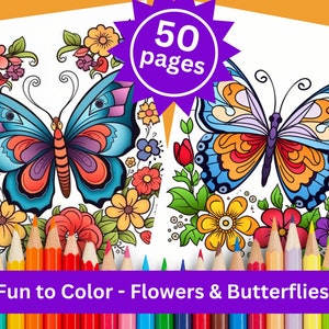 Lovely Flowers & Butterflies Color Pages | Adult Coloring Book | 50  Coloring Sheets | Printable PDF and JPG Instant Download | Fun to Color