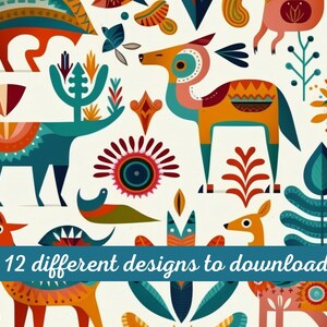 May include: A collection of 12 colorful, geometric animal and plant illustrations. The designs feature a variety of colors, including red, orange, yellow, green, blue, and purple. The animals include deer, birds, and foxes. The plants include flowers, leaves, and branches.