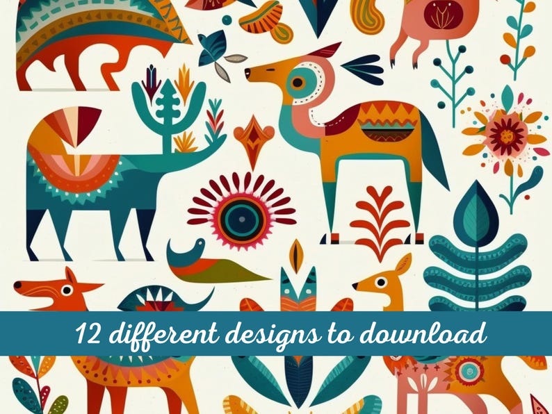 May include: A collection of 12 colorful, geometric animal and plant illustrations. The designs feature a variety of colors, including red, orange, yellow, green, blue, and purple. The animals include deer, birds, and foxes. The plants include flowers, leaves, and branches.