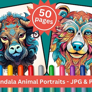 Mandala Animal Portraits | Animal Coloring Book | 50  Coloring Pages | Printable PDF & JPG Instant Download