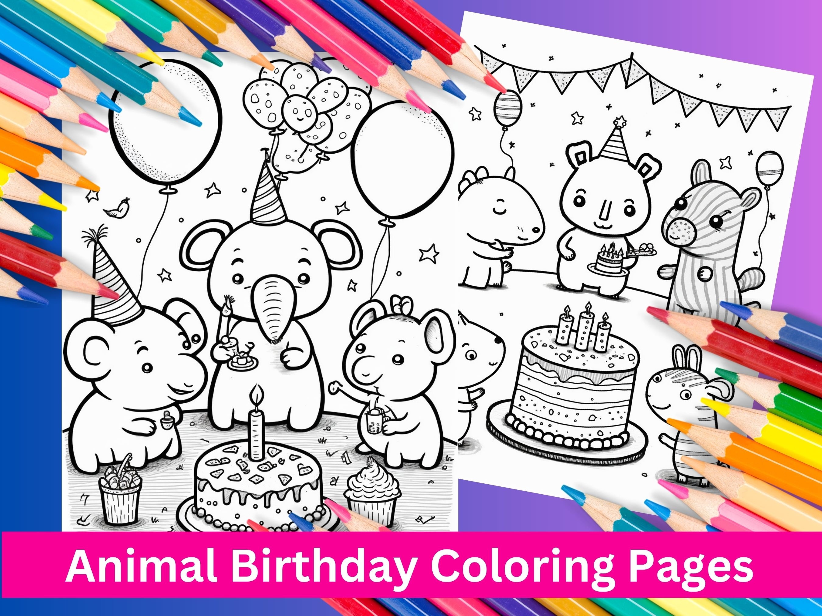 Coloring Pages Animal Birthday Book: Whimsical Cute Animals, Printable ...
