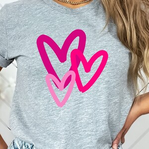 Pink Hearts Happy Valentine&#39;s Day T-Shirt | Sweetheart Tee |  Bella Canvas 3001 Unisex |  Three Love Hearts Short Sleeve Tshirt