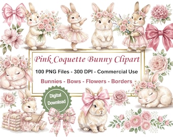 Pink Coquette Bunny Clipart Bundle, Watercolor Bunny PNGs, Floral Bouquets, Bows, Borders, Baby Shower Graphics, 100 PNG Files