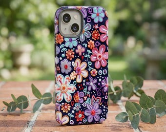 Floral Phone Case Protective Cover: Faux 3D Purple Flowers, Silicone Liner (Shock Resistant, Fits iPhone 14-17 Models)