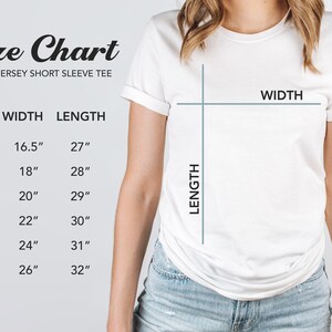 a woman wearing a white short sleeve t-shirt with measurements and a size chart for different body sizes.