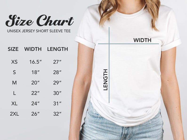 a woman wearing a white short sleeve t-shirt with measurements and a size chart for different body sizes.