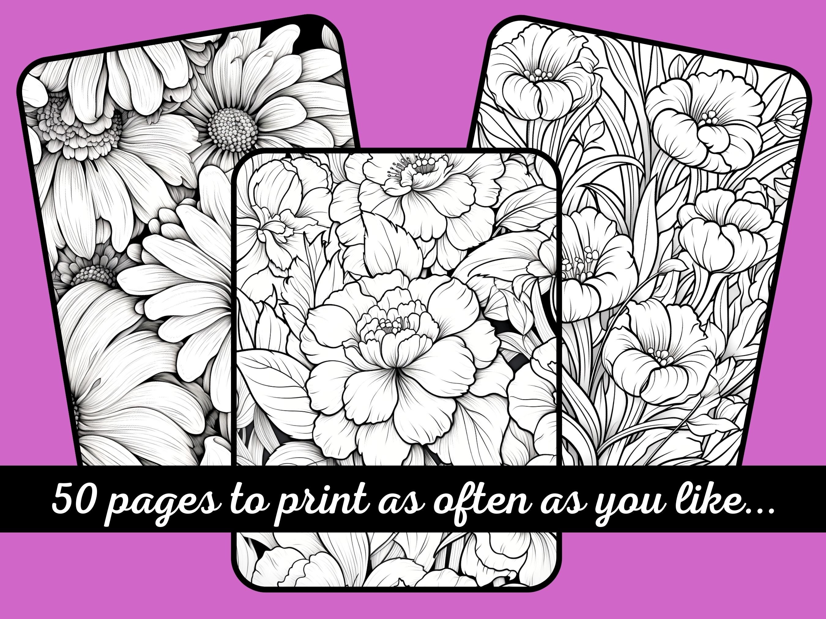 Realistic Flower Coloring Pages Adult Coloring Book Pages 50 Coloring ...