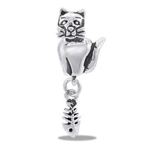 May include: Silver charm featuring a detailed cat figurine with a fishbone dangling from its tail.