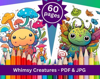 Whimsy Creatures Coloring Book: 60 Printable Pages (PDF & JPG)