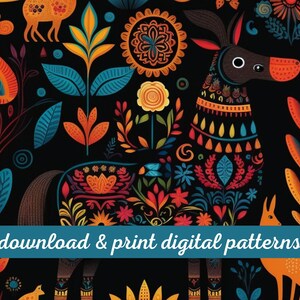 May include: A colorful digital pattern featuring a stylized horse with floral designs and geometric patterns. The horse is surrounded by flowers, leaves, and other decorative elements. The pattern is set against a black background.