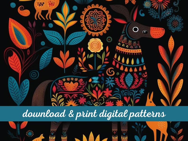 May include: A colorful digital pattern featuring a stylized horse with floral designs and geometric patterns. The horse is surrounded by flowers, leaves, and other decorative elements. The pattern is set against a black background.