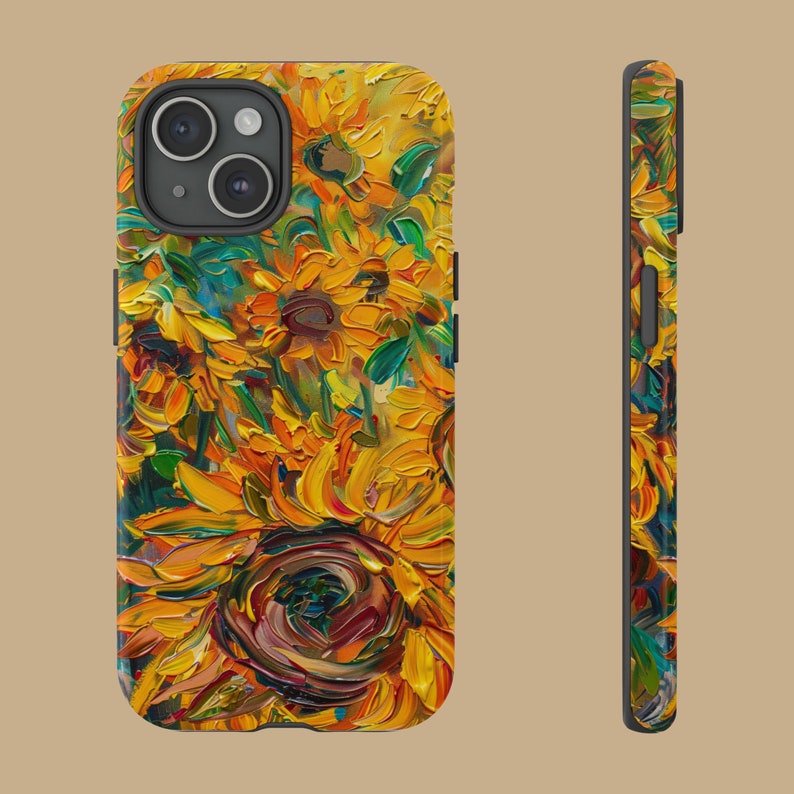 May include: A phone case featuring a colourful painting of sunflowers. The case is black and has a cut-out for the camera lens.