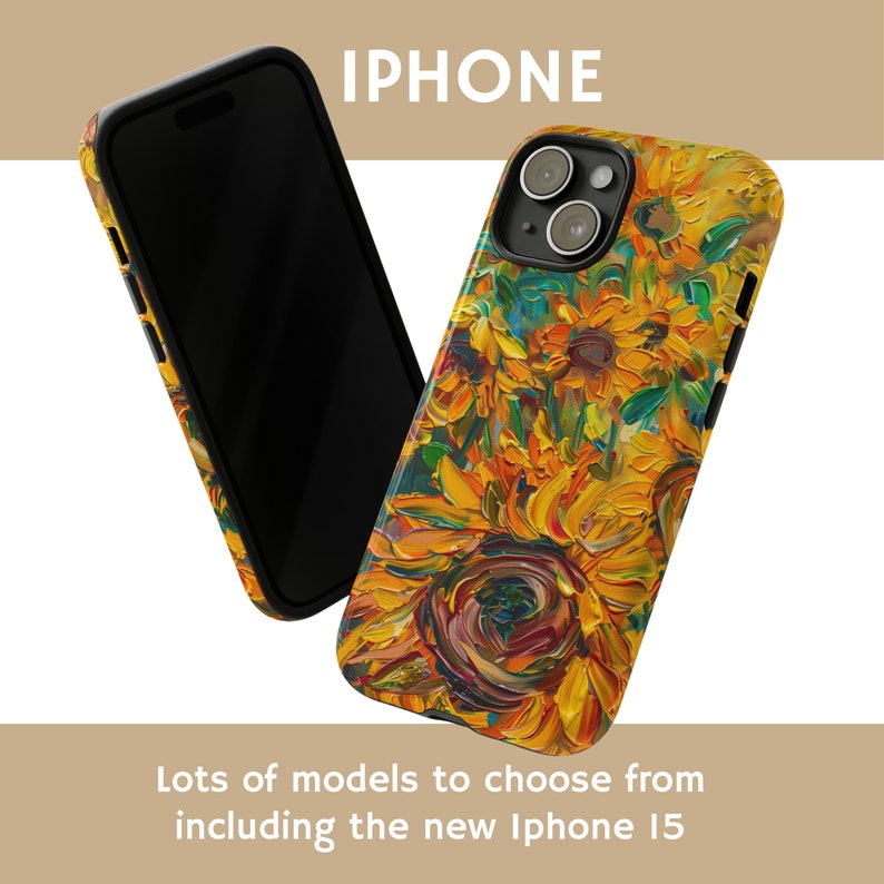May include: A phone case featuring a colourful sunflower painting design. The case is compatible with iPhone models.