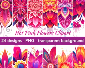 Hot pink flower clipart designs, png files with transparent background | 24 digital images | instant download | colorful floral designs