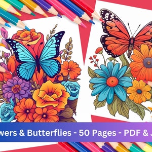 Flowers and butterflies coloring pages | adult coloring book | 50 digital coloring sheets | printable pdf & jpg download