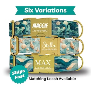 May include: Six variations of dog collars with gold-colored buckles. The collars feature ocean-themed patterns with seashells, starfish, and waves in shades of blue and teal. Each collar has a name and phone number printed on the buckle.