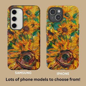 May include: A phone case featuring a vibrant sunflower design. The case showcases a colourful, abstract painting of sunflowers in shades of yellow, orange, and green. The case is available for both Samsung and iPhone models.