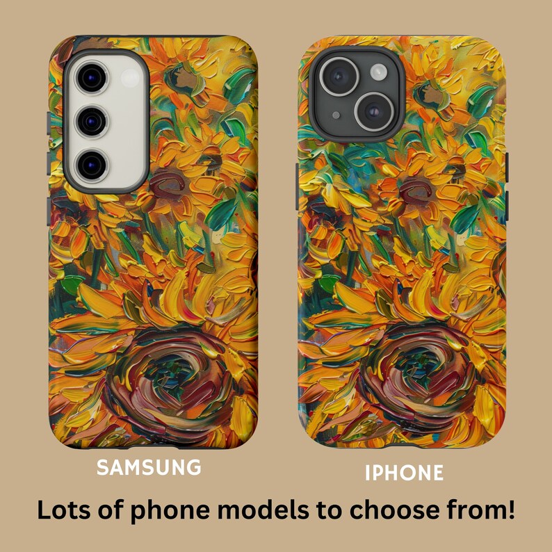 May include: A phone case featuring a vibrant sunflower design. The case showcases a colourful, abstract painting of sunflowers in shades of yellow, orange, and green. The case is available for both Samsung and iPhone models.