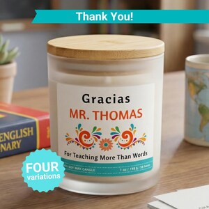 Gracias Teacher Candle Gift, Personalized Teacher Candle, Custom Name Candle, Spanish Teacher Gift, Teacher Appreciation Gift