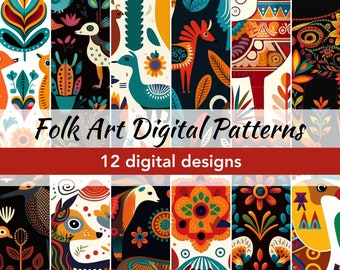 Folk Art Animal Patterns - Digital Scrapbook Collection - Colorful Printable Designs, JPG & PDF Files, 12 Pattern Downloads for Crafts