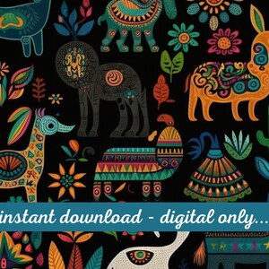 May include: A colorful seamless pattern featuring various animals and plants. The animals are stylized and have intricate patterns on their bodies. The colors are bright and vibrant, including red, orange, yellow, green, blue, and purple. The pattern is perfect for use in fabric, wallpaper, or other decorative applications.