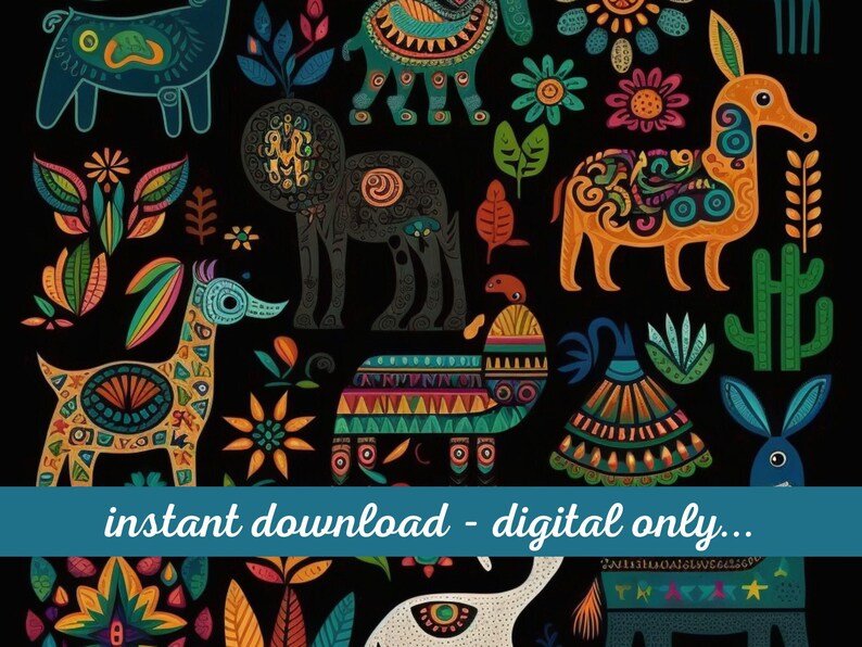 May include: A colorful seamless pattern featuring various animals and plants. The animals are stylized and have intricate patterns on their bodies. The colors are bright and vibrant, including red, orange, yellow, green, blue, and purple. The pattern is perfect for use in fabric, wallpaper, or other decorative applications.