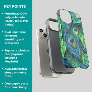 May include: A phone case with a peacock feather design. The case is made of a dual layer of polycarbonate and TPU. It supports wireless charging but does not include MagSafe. The case is available in a glossy or matte finish.
